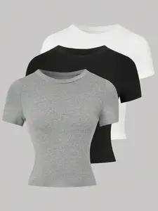 Women's Solid Round Neck Crop Tee, Casual Short Sleeve Crew Neck Basic T-shirt for Summer, Ladies Clothes for Daily Wear, Womenswear