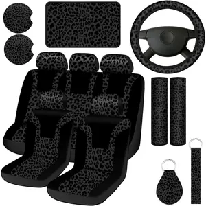 13  Leopard Print Car Accessories Set, Includes Seat Covers Set Steering Wheel Cover Coasters Armrest Pad Belt Pads Keychain and Wrist Strap for Decor (Black)