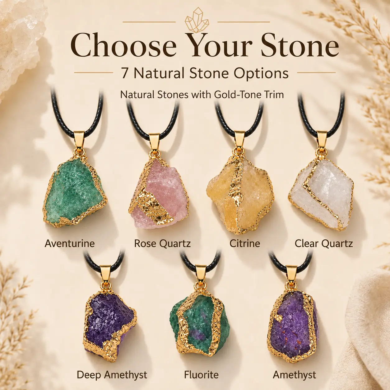 Natural Stone Pendant Necklace for Women, Raw Stone Necklace with Adjustable Black Cord, Gold-Tone Trim, Boho Jewelry Gift for Her, 7 Stone Options: Amethyst, Rose Quartz, Citrine, Clear Quartz, Aventurine, Fluorite
