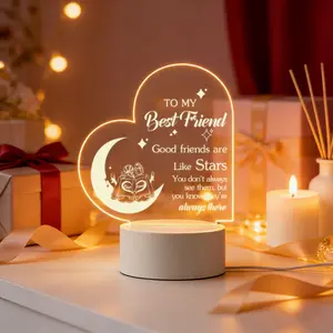 To My Best Friend Good Friends Are Like Stars Heart-Shaped 2D Acrylic Night Light, BFF Friendship LED Desk Lamp, USB Powered Warm Glow, Best Friend Birthday Gift, BFF Home Decor, Birthday Gift Ideas, Heart Shape