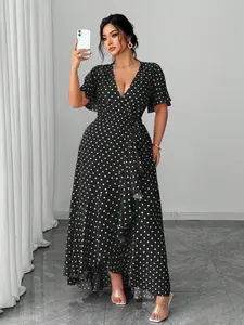 Plus Size V Neck Polka Dot Dress Summer Waist Cinching Flounce Irregular, Stylish Chic Women's Fashion Clothing, Womenswear