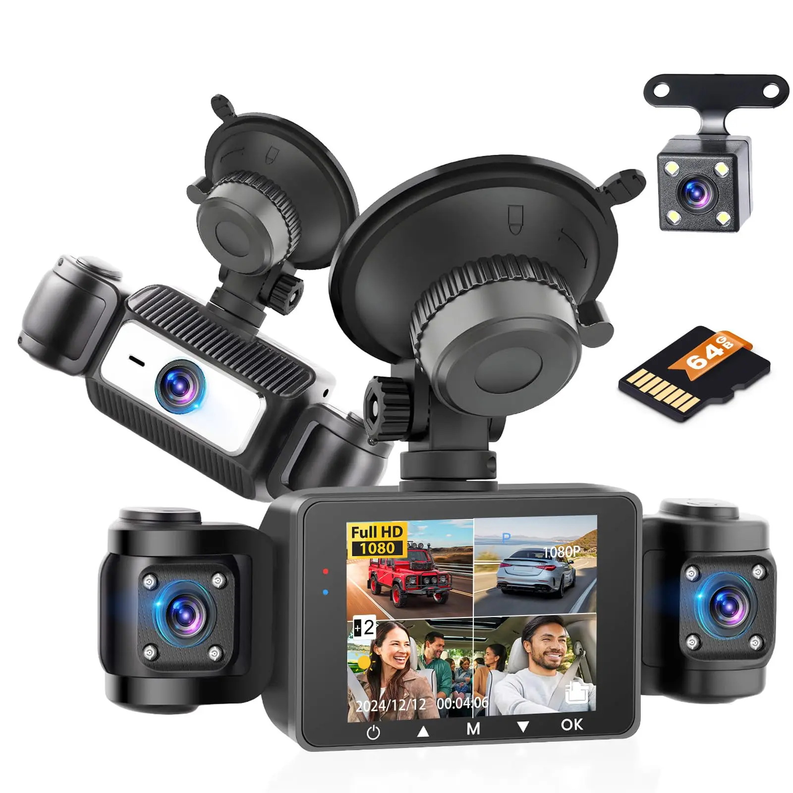 4 Channel Dash Cam Car, 360 Degree Dashcam FHD 1080P x 4 Front Rear Inner Left and Right Loop Recording, DVR, G-sensor, Night Vision, Parking Monitoring, Backup Assistant with 64GB TF Card