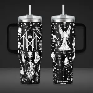 Sleep Token Tumbler 40oz Stainless Steel With Handle And Straw, Metal Band Merch Mug, Dark Gothic Aesthetic Cup, Alternative Rock Fan Gift, Black White Design Drinkware, Heavy Metal Lover Gift For Him Her, Unique Emo Grunge Style Travel Coffee Flasks
