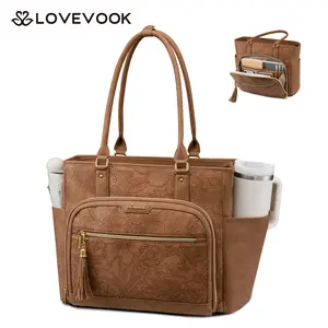 LOVEVOOK Laptop Tote Bag for Women , Vintage Leather Teacher Nurse Work Bag with Large Cup Holder, High Capacity and Independent Laptop Compartment，Waterproof Professional Computer Briefcase for Business Office,Suitable for Multiple Scenarios outdoorfun