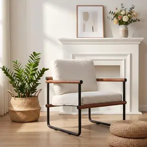 Nordic Teddy Fleece Accent Chair, 1 Piece Cream White Lounge Armchair with Solid Wood & Black Metal Frame, Soft Sherpa Fabric, Ergonomic Backrest & Lumbar Pillow, Comfy Reading Chair for Living Room, Bedroom, Study & Office, Easy Assembly