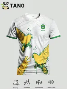 Men's Brazil Special Edition Art Print Soccer Jersey, Bird Graphic, Short Sleeve, Fitted, Casual, All Seasons, Fan Apparel