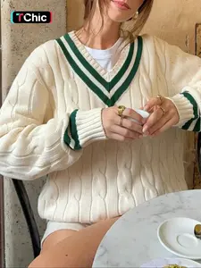 Trendy Women's Knitted Sweater, V Neck Pullover, Loose Fit Preppy Style, Striped Patchwork Design, Fall Winter Fashion, Lightweight Knit Sweater