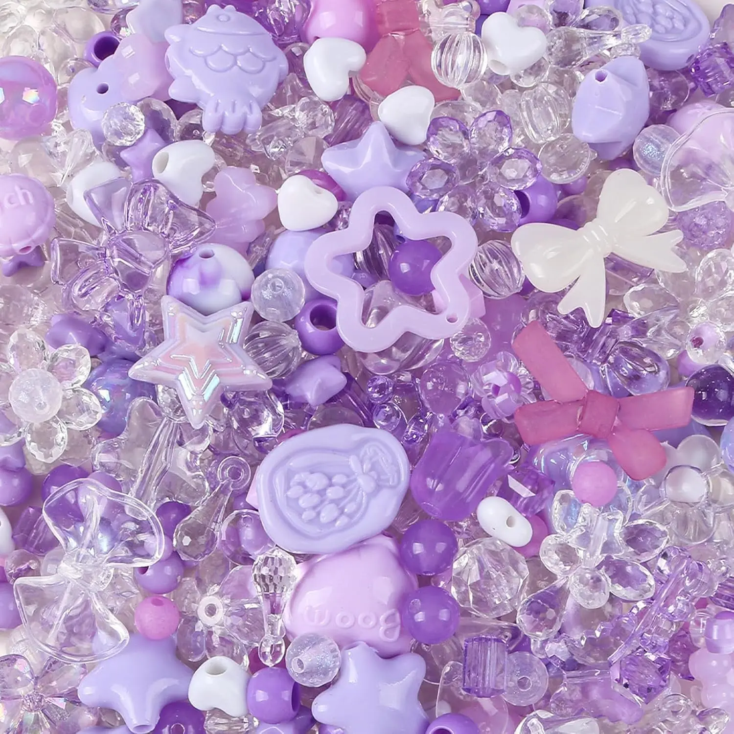 260PCS Purple Acrylic Assorted Beads Mix Flower Candy Butterfly Bow Star Round Kawaii Aesthetic Beads for Jewelry Bracelet Necklace Keychain Phone Chain Making Pen Hair Etc