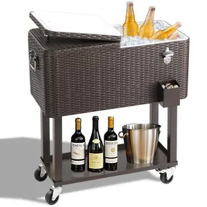 【Summervibes】UBesGoo 80 Quart Rattan Patio Cooler Rolling Cooler Ice Chest with Shelf, Wheels and Bottle Opener, Portable Patio Party Drink Cooling Cart