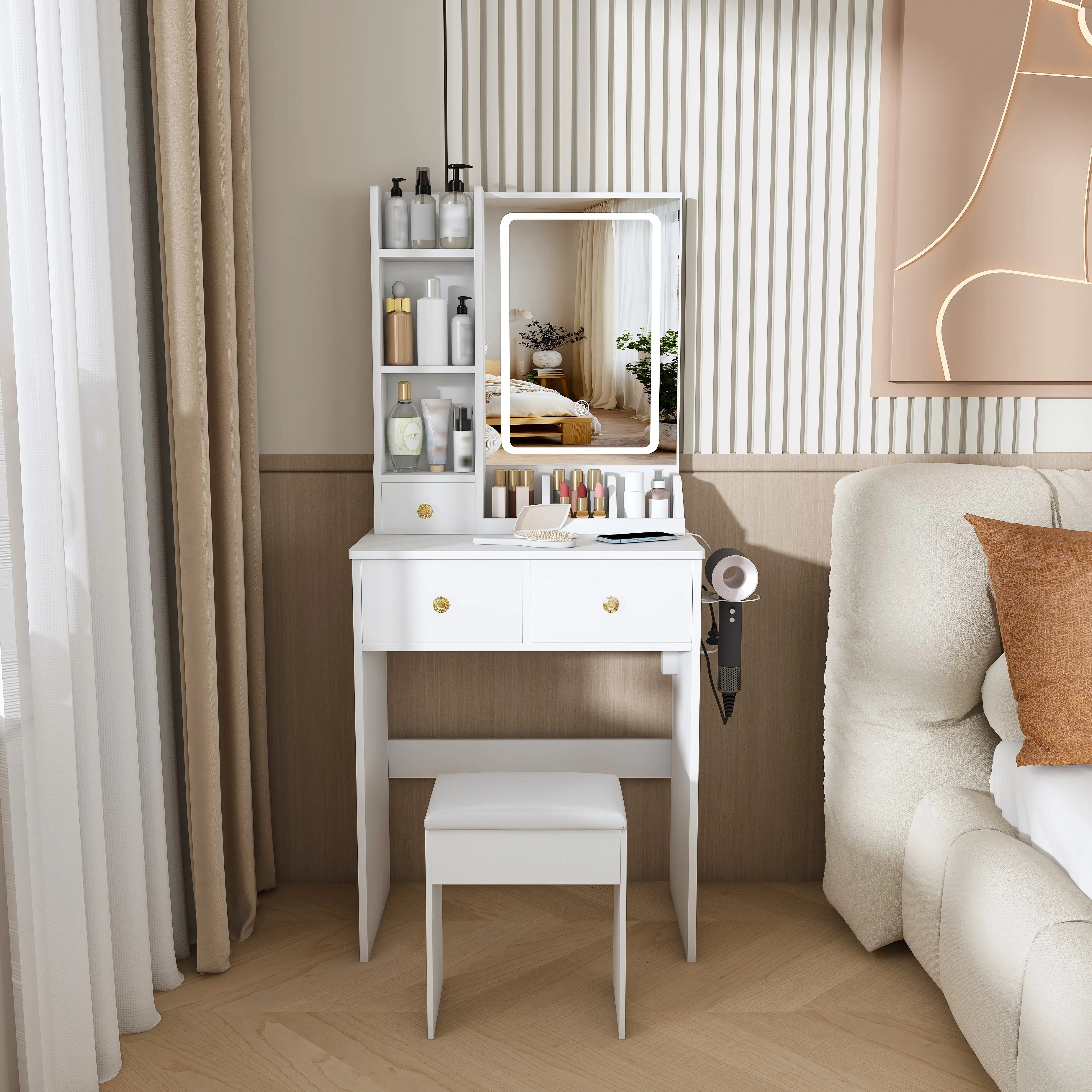 Sturdy Eco-MDF Makeup Vanity Desk - Modern Small LED Vanity Table Bedroom Furniture, 3-Mode LED Lights with Adjustable Brightness, 3 Drawers, Open Shelves, Built-in Power Outlet, Hair Dryer Holder, Included Dressing Chair