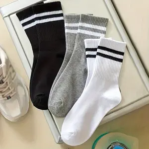 6 Pairs women's athletic mid crew socks striped design breathable moisture wicking in black white and gray great for running training and everyday wear