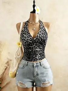 Summer European and American Chic Style Leopard Halter Top, Ruched Waist Backless Sexy Fit Shirt, Vacation Wear Outerwear, Trendy Ladies' Clothing Womenswear