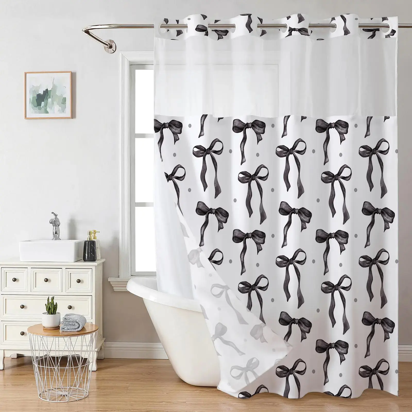 Black Bow Shower Curtain with Polka Dot Design, Sheer Top Window, Double Layer Hookless Waterproof Bathroom Curtain, Cute Minimalist Bathroom Decor, 72 x 75 Inches Double-Layer