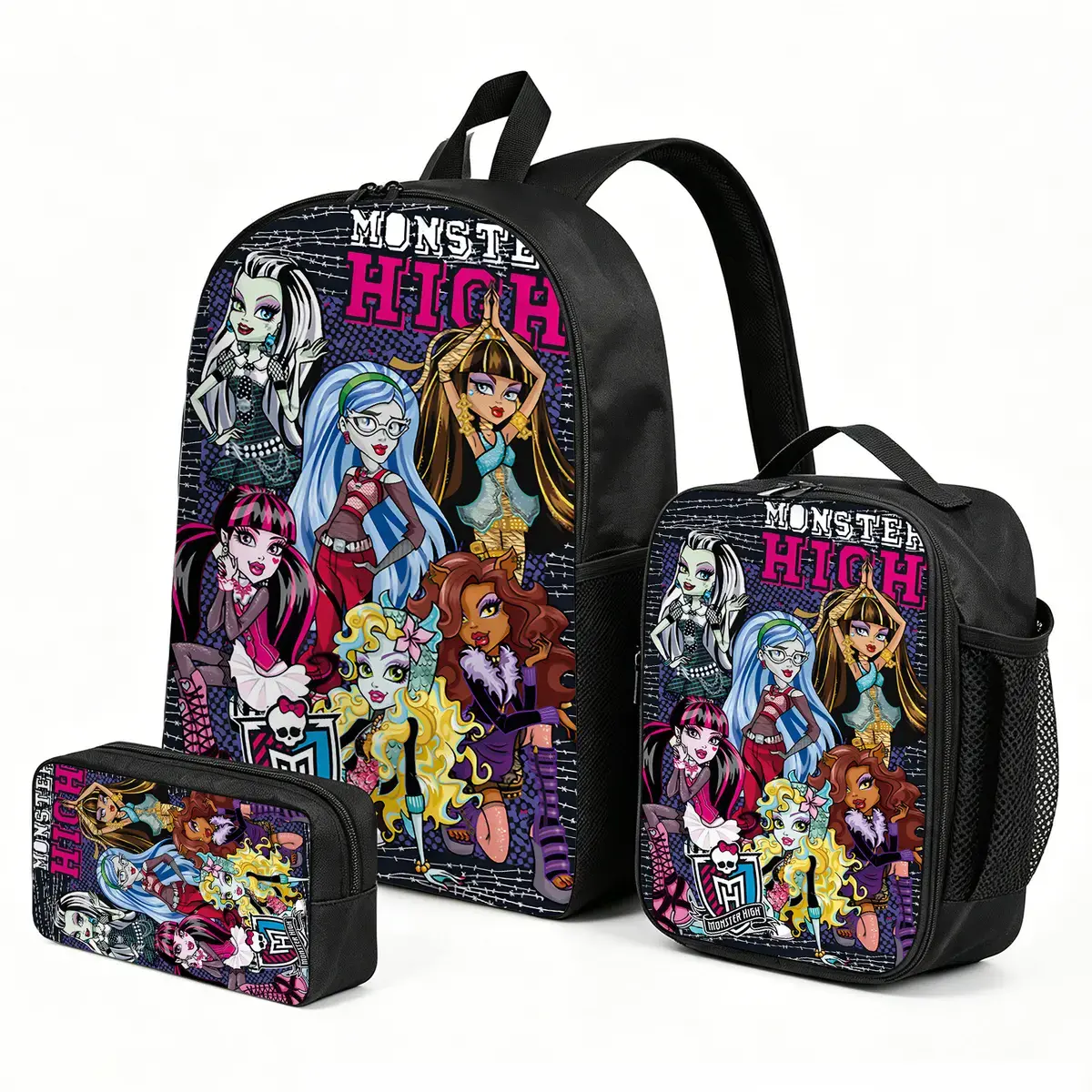 Monster-High 3PCS Kids Backpack Set with Insulated Lunch Bag | Theme Travel Daypack | Cute Printed School Bookbag Pencil Case Combo