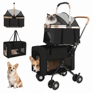 StarZe Dual 4-in-1 Double Stroller with 4 Wheels for Pets, Foldable and Portable Design for Medium Dogs and Cats,Up to 50lbs (Black)