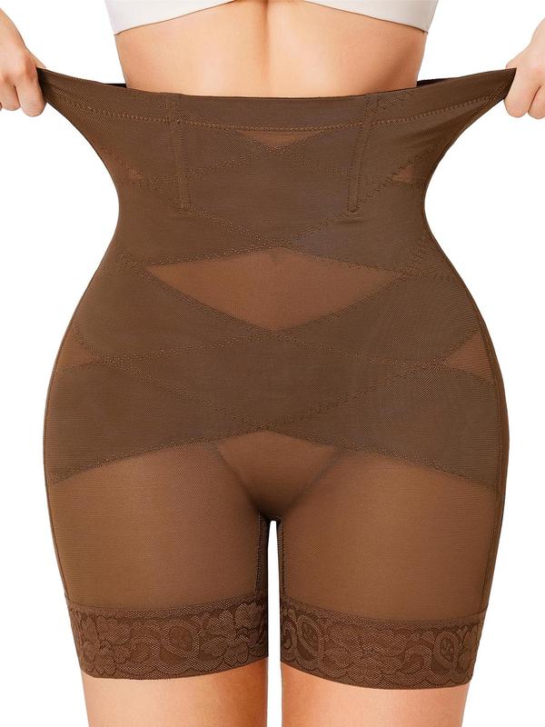 Women's Solid Color Lace Trim High Waist Shapewear Shorts, Tummy Control Shaper, High Waisted Shapers, High Stretch Shapewear Bottoms for Daily Wear