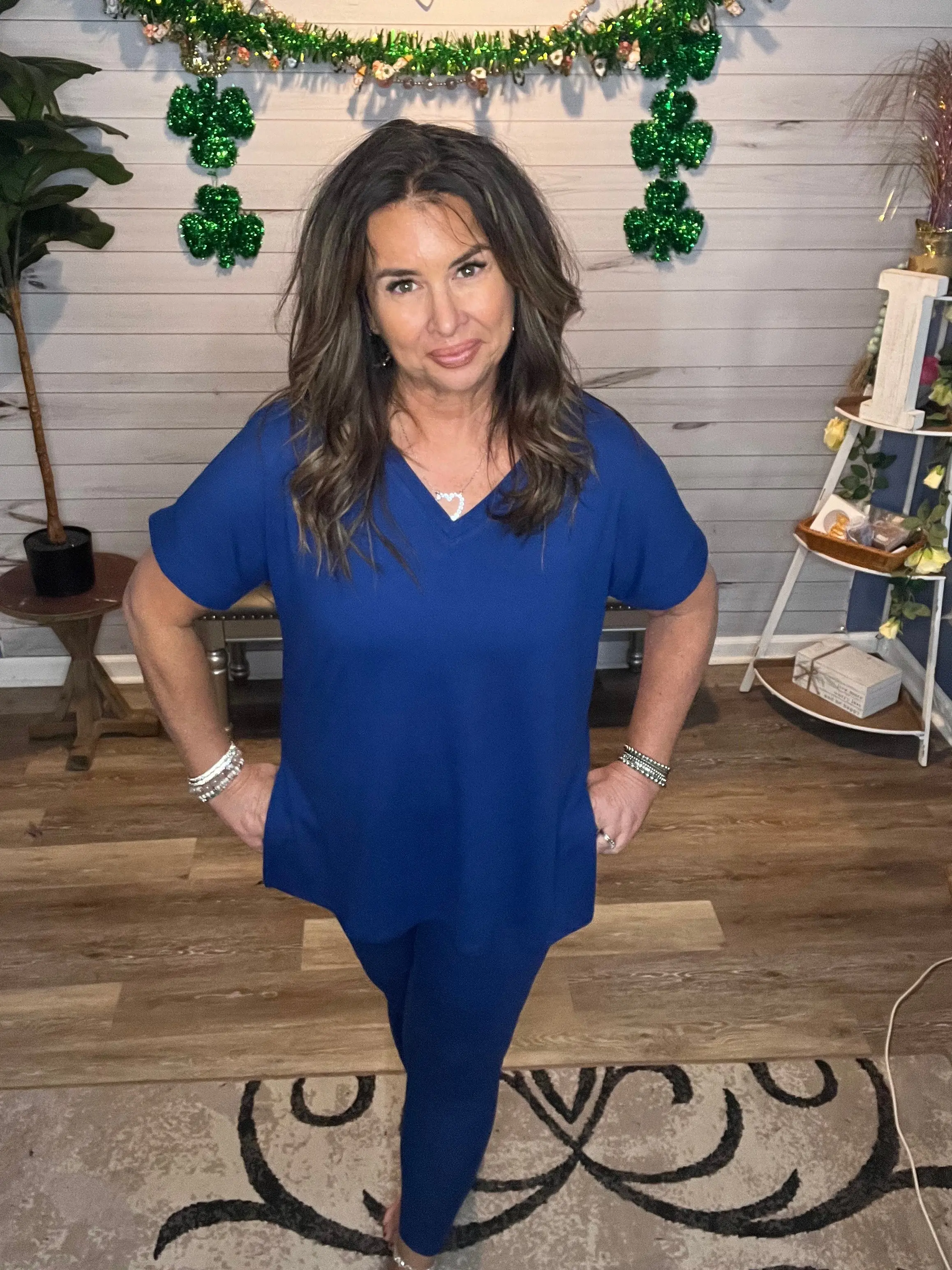 Women's Lounge Set, Butter Soft Casual 2-Piece Outfit with V-Neck Short-Sleeve Top and Shorts in Light Navy, Two-Piece Outfit