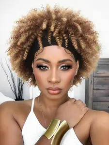 Afro Wig Short Kinky Curly Wig Headband Wigs for Women Wrap Wig 2 In 1 Ombre Blonde Wig 10 Inch Synthetic Headband Wig for Daily Wear