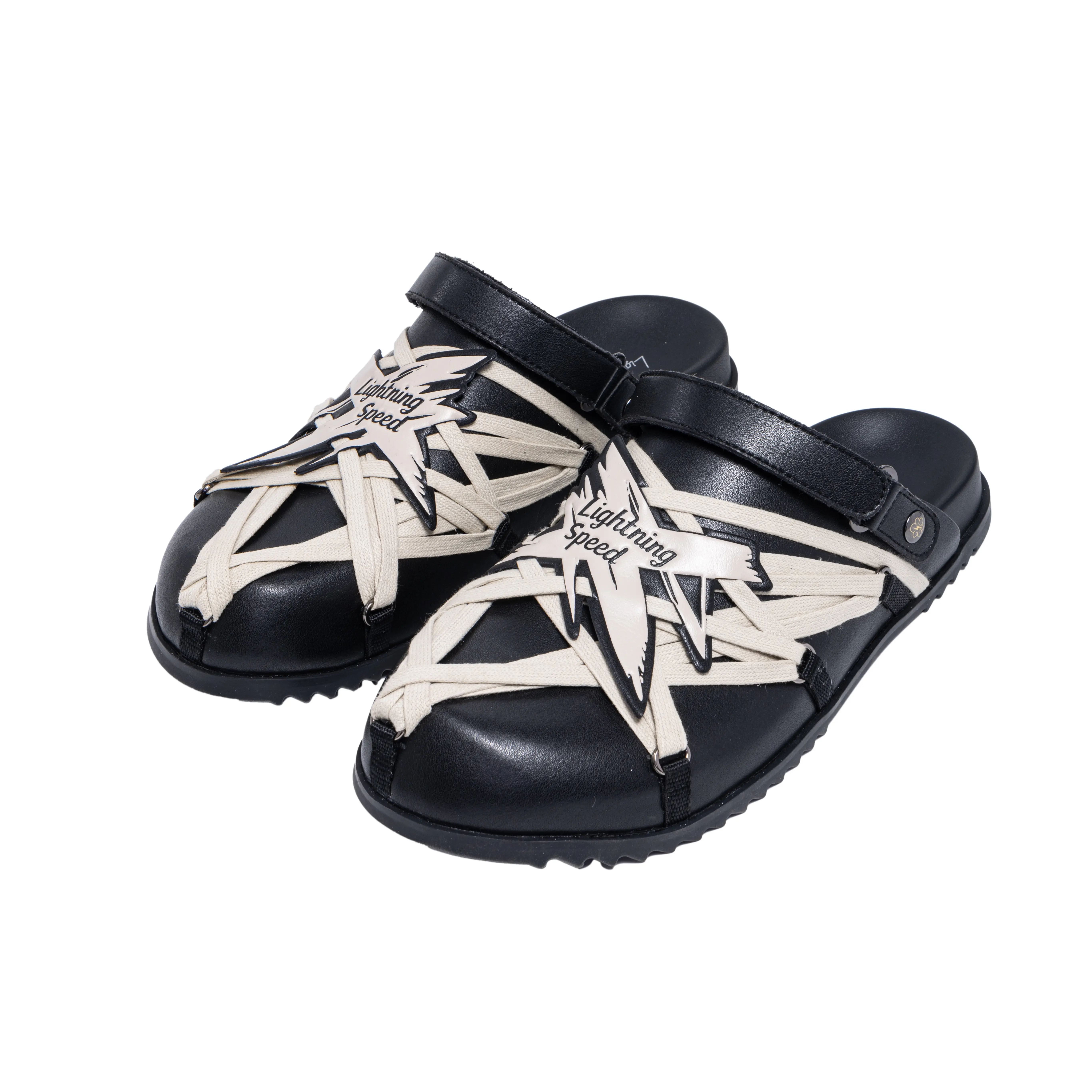 LightningSpeed Leather Clogs - Unisex Strappy Round Toe Slide Footwear, Black & Ivory Street Wear Casual Slip-On Shoes