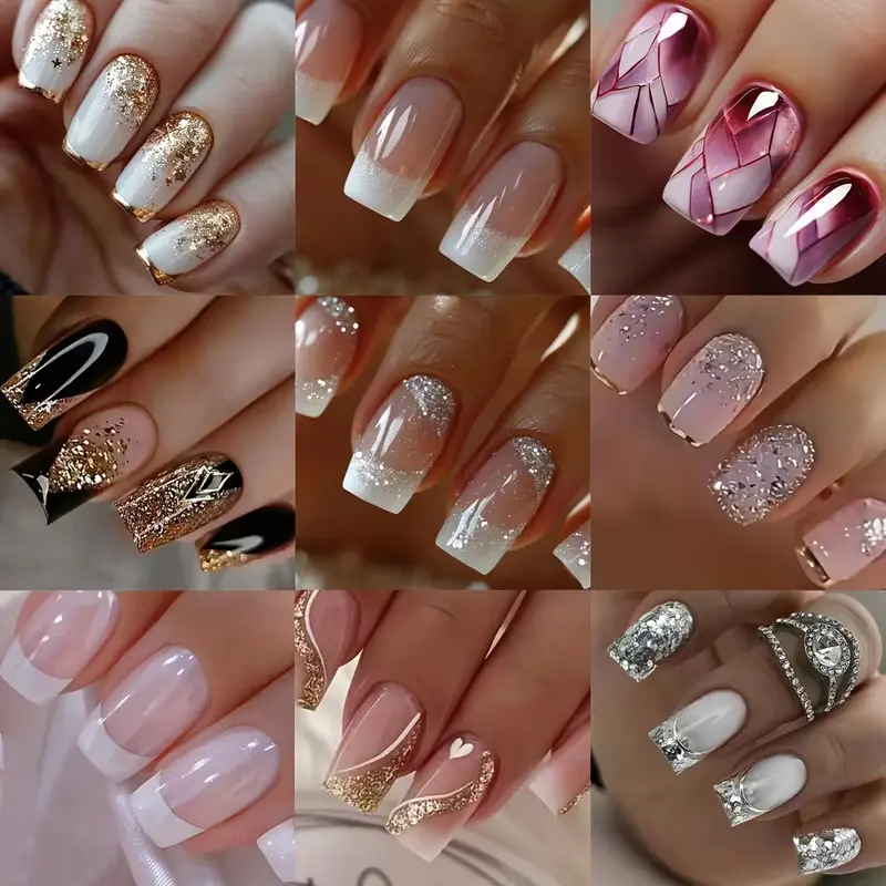 216pcs 9 Boxes Short Square Press-On Nails, White French Style Gradient Glitter Heart Soft Gel Fake Nails, Full Cover Nail Tips for Women