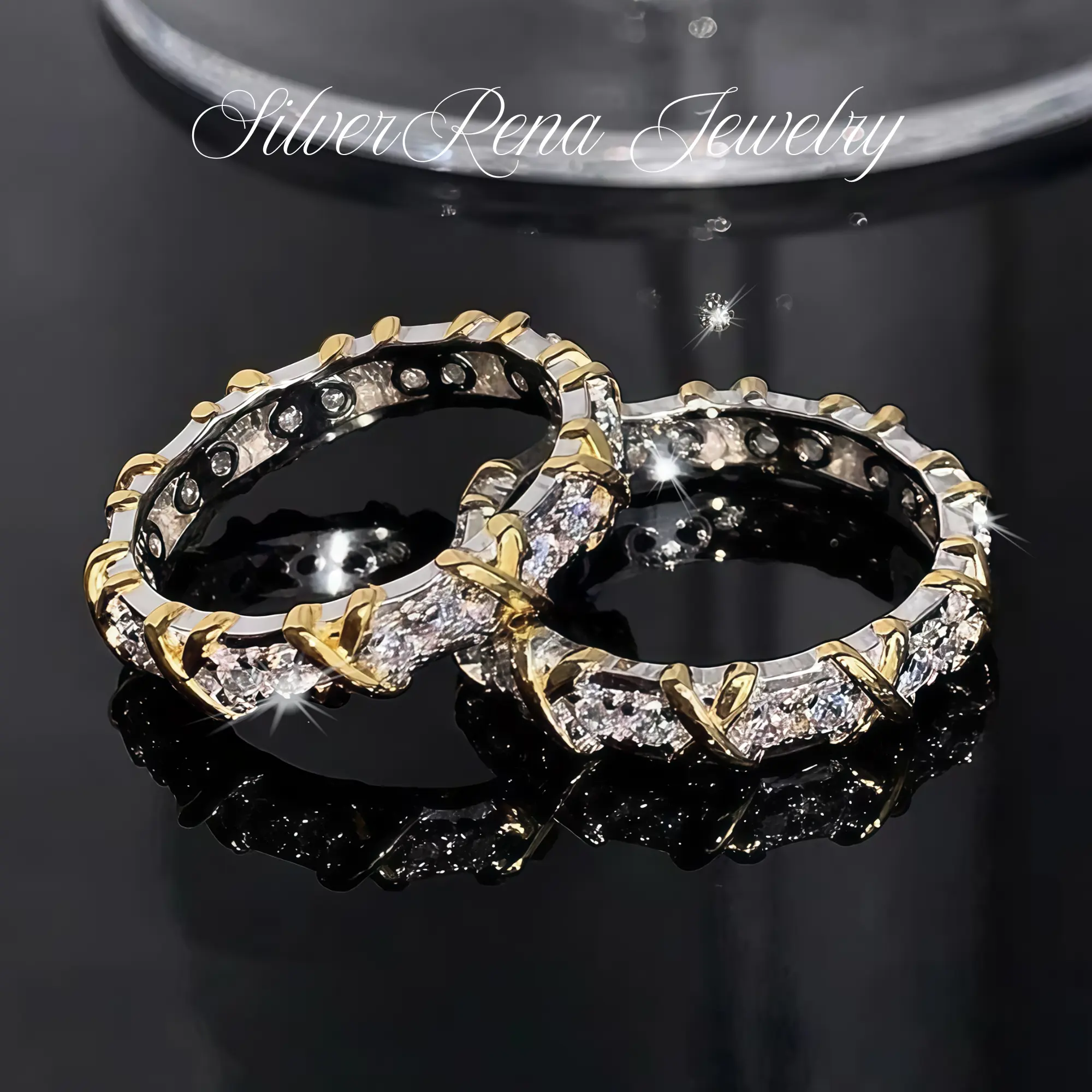 925 Sterling Silver Two Tone Gold Silver X Cross Half Eternity Band Ring Round Prong Set Cubic Zirconia Simulated Diamond Stackable Wedding Promise Eternity Ring Hypoallergenic Rhodium Plated Luxury Fine Jewelry For Women