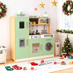 Seeutek Wooden Kitchen Playset for Kids, with Lights & Sounds, Children Pretend Toy Kitchen Set with Faucet, Oven, Microwave, Kitchenware,for Boys and Girls Birthday Gift Christmas Gift