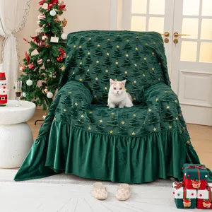 3D Embroidered Christmas Tree Sofa Cover, Thickened Full Coverage Couch Throw, Durable Scratch-Resistant Holiday Decor