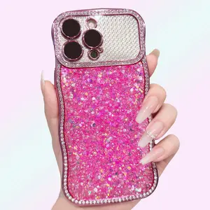 Glitter Wavy Edge Phone Case with Built-in Camera Protection Sparkly Resin Design Stylish Shockproof Cover for iPhone 17 Pro Max cases 16 15 14 13 Pro Max