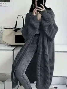 Plus Size Solid Open Front Loose Knit Cardigan, Sweater, Casual Long Sleeve Pullover with Pockets, Women's Fall Winter Top, Elegant Plain Style