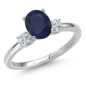 Gem Stone King 14K White Gold Blue Sapphire and White Lab Grown Diamond 3-Stone Engagement Ring For Women | 2.00 Cttw | Oval 8X6MM | Gemstone September Birthstone | Available in Size 5,6,7,8,9