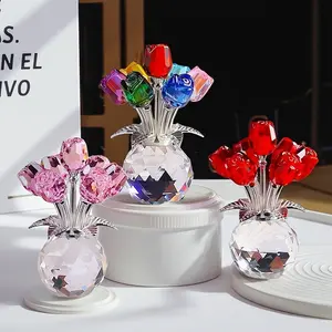 Crystal Rose Bouquet Figurine - Little Glass Rose Flower Statue Sculpture for Desk & Bookshelf - Decorative Ornament for Bedroom, Living Room, Office & Home Decor - Unique Birthday, Valentine's Day, Wedding Anniversary & Christmas Gift Idea for Lover