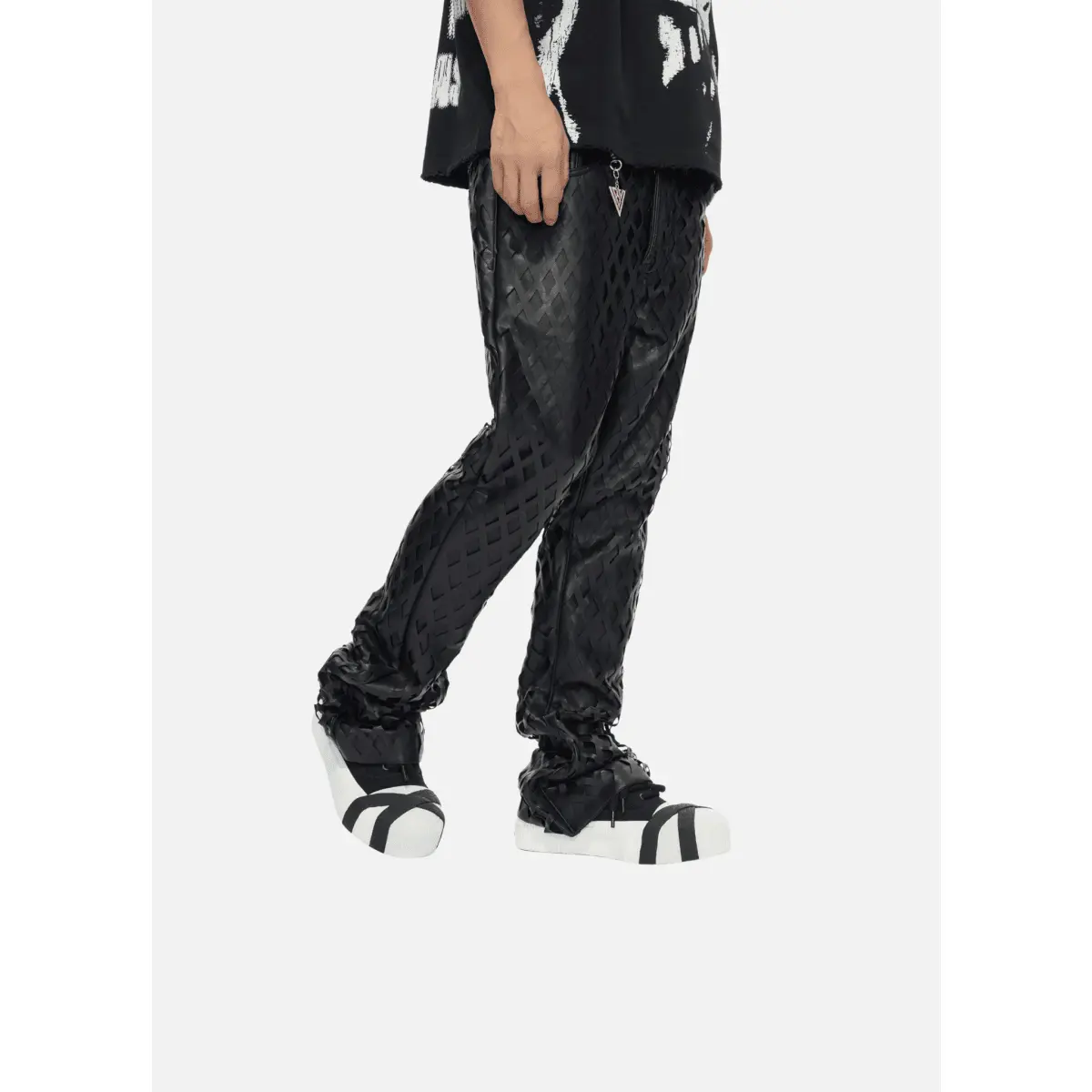 Men's Black Vegan Leather Pants - Menswear, Unisex Oversized Relaxed Fit with Relaxed Leg, Heavy Drape, Distressed Details, Utilitarian Strap, Drawstring, Casual Elastic Waist