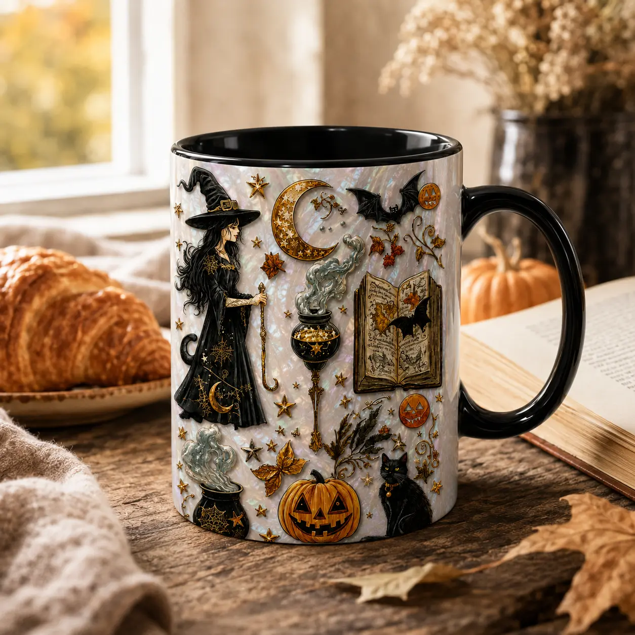 Halloween Witch Mug, Black Accent Ceramic Coffee Cup with Black Cat, Pumpkin, Moon & Cauldron Design, Witchy Fall Gift for Women