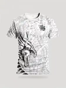 Men's Dragon Pattern Soccer Jersey, Comfortable Round Neck Sports Top, Geometric Print, Stretchy Fabric, Unisex