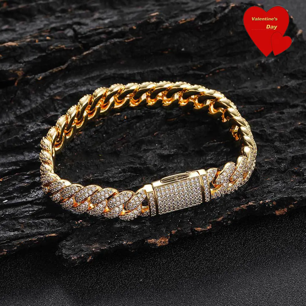 10mm Iced Out Hip Hop CZ Pave Cuban Link Golden Cuff Bracelet, Exquisite Unisex Artificial Gemstone Jewelry, Couple Gift Accessory, Exquisite Bracelet