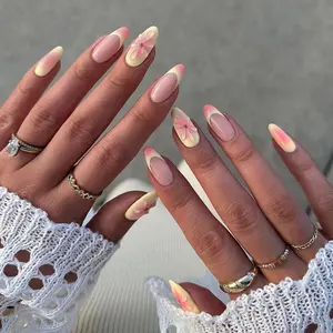 24pcs Gentle Milk Gradient Nail Polish Set, Medium Almond Shape, Glossy Finish, Flowers, Versatile Design