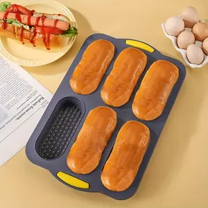 Silicone French-Style Baguette Baking Pan with Holes, Mini 6-Cavity Bread Sandwich Mold, Non-Stick Hot Dog Bread Baking Mold