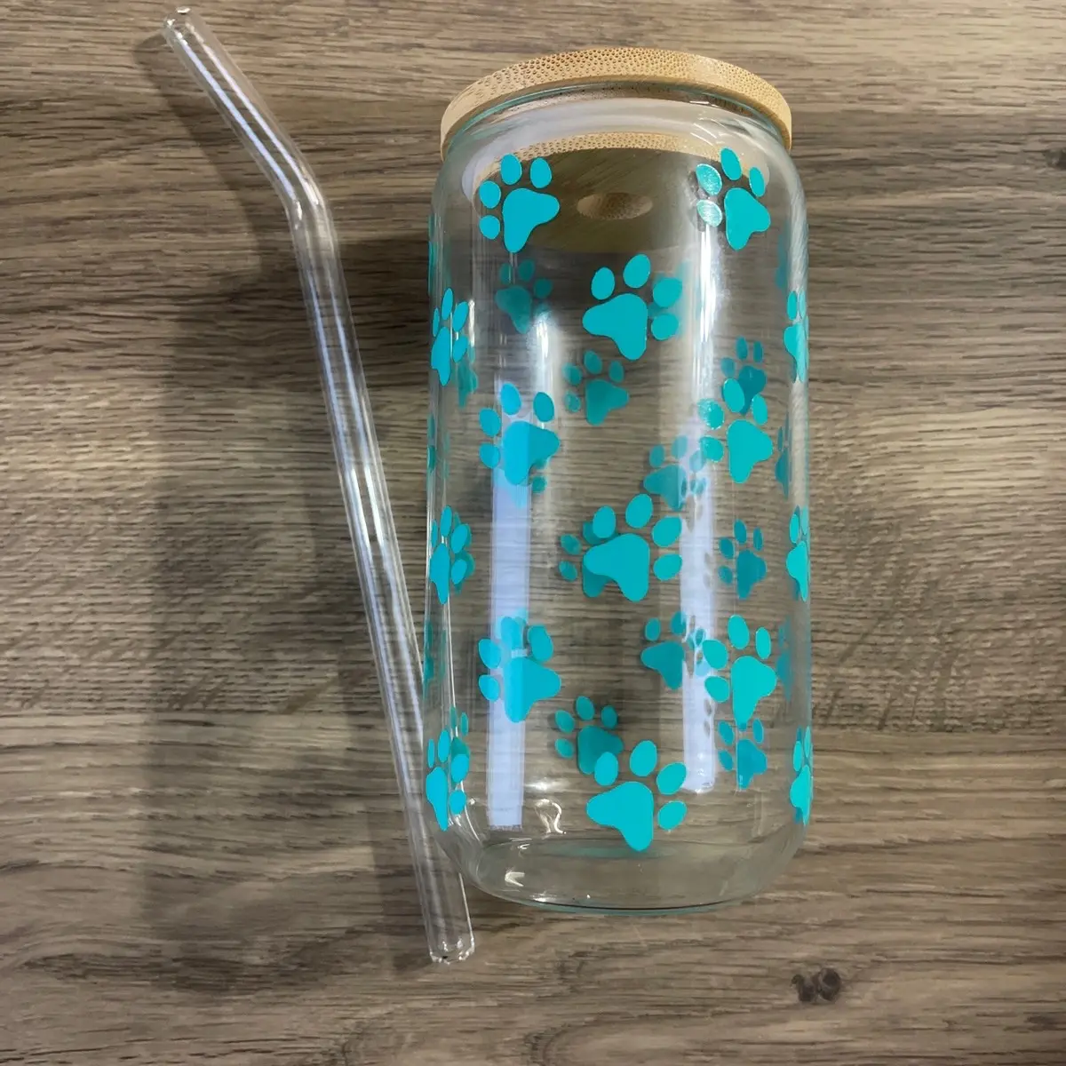 Paw Prints Beer Glass Can with Bamboo Lid and Glass Straw