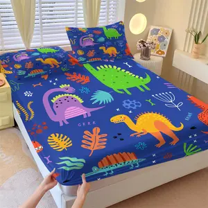 3pcs Dinosaur World Children's Bedding Set, Bedding Sheets, Festival Gift, Cute Cartoon Dinosaur Fitted Sheet Set, Suitable for Children or Teenagers Bedroom Bed Decoration Soft and Skin friendly, Includes 1 Fitted Sheet and 2 Pillowcases