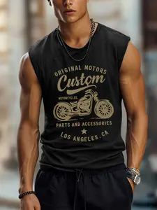 Men's Sleeveless Tank Top, Vintage Original Motors Custom Motorcycle Graphic Print, Retro Biker Style Casual Sleeveless Shirt, Stylish Graphic Tank for Men, Versatile Everyday Wear Top for Gym Workouts, Daily Leisure & Casual Outings