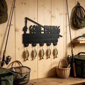 Wooden Wall Key Holder, Fishing Theme Wall-Mounted Key Hook, Wooden Key Organizer with 5 Metal Hooks, Decorative Storage for Anglers