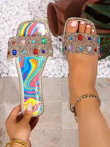 Boho Style Rhinestone Sandals, Rainbow Stripe PU Upper, Rubber Sole, Less Than Ankle Height, Women's Casual Footwear for Daily Use