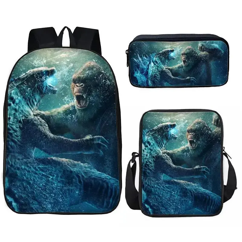Godzilla 3-Piece Backpack Set, Epic City Destruction Print School Bag + Lunch Bag + Pencil Case, Oxford Cloth Adjustable Strap Daypack for Monster Fans & Kids