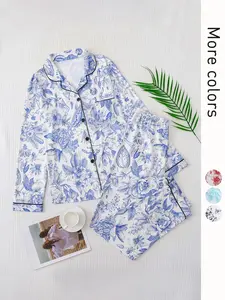 Women's Floral Print Lapel Long Sleeve Pocket Shirt & Pants Pajama Set, Lady Breathable Button Front Shirt & Elastic Waist Trousers for Spring & Fall, Women's Pajama Sets for Daily Wear, Womenswear Loungewear Fit Pjs Nightwear