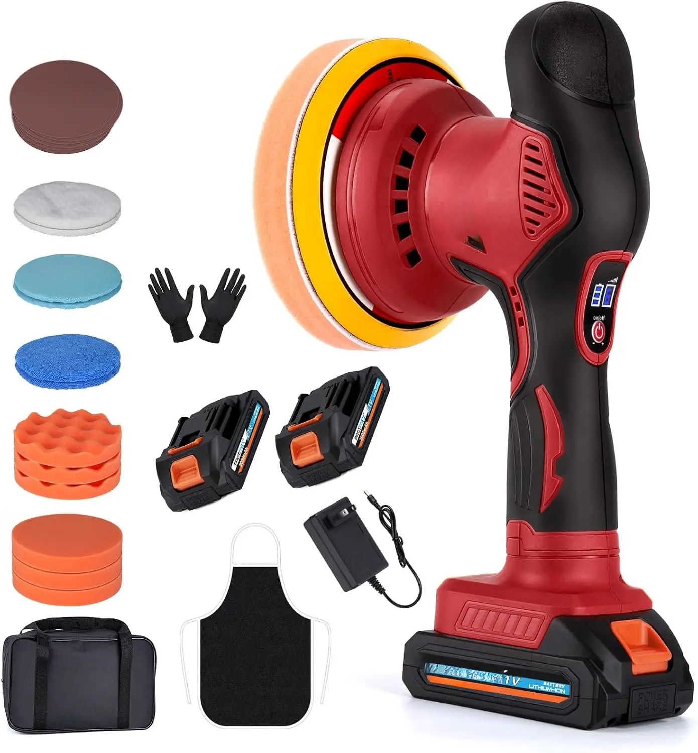 Cordless  Buffer Polisher w/ 2x2000mAh 21V , 6 Inch  buffer Waxer Kit,  Polishing Machine w/Extra 18 count Attachments & 6 Variable Speed,  Buffer Polisher for  Detailing (Red)