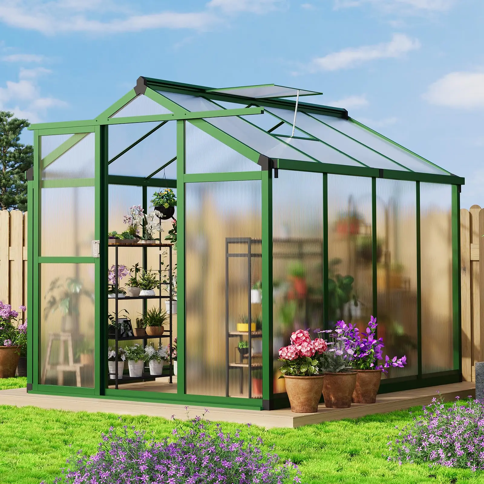 Garvee Walk-In Aluminum Greenhouse with Reinforced Polycarbonate Panels – Adjustable Roof Vent, Rainwater Gutter, Heavy Duty Garden Solarium for Outdoor Use – 6x8 FT – Green