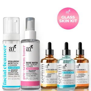 ArtNaturals Glass Skin Kit - Hyaluronic Acid Cleanser, Rosewater Toner, Vitamin C Serum, Lactic Acid & Hyaluronic Acid Serums for Hydration & Brightening