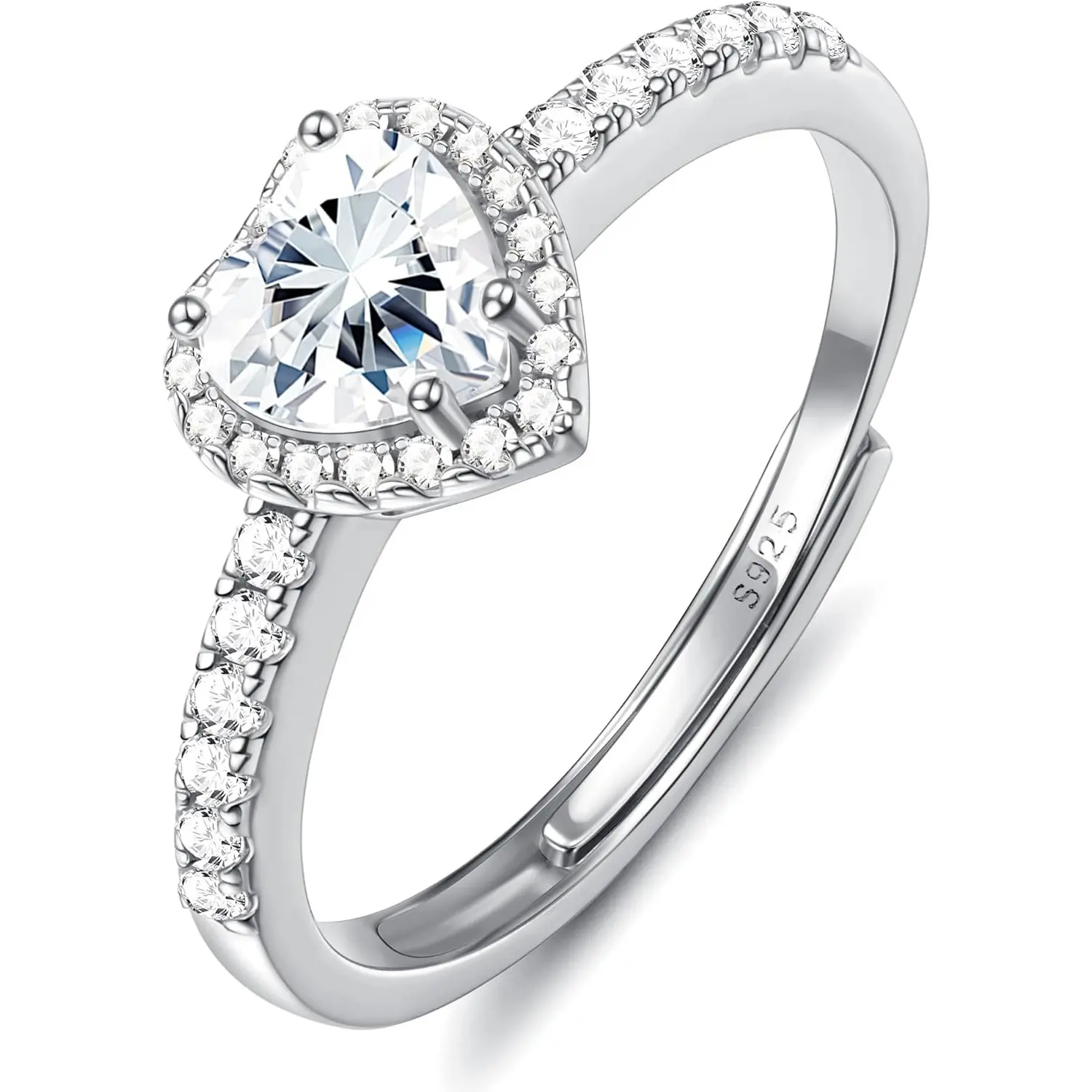 925 Sterling Silver Ring for Women Silver Love Heart Ring Adjustable Cubic Zirconia Rings Simulated Diamond Ring Engagement Promise Wedding Rings Mother's Day Gift