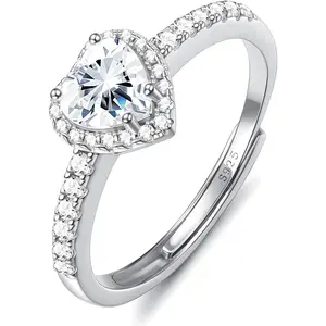 925 Sterling Silver Ring for Women Silver Love Heart Ring Adjustable Cubic Zirconia Rings Simulated Diamond Ring Engagement Promise Wedding Rings with Jewellery Mother's Day