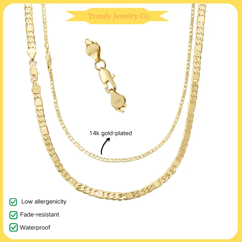 14K Gold Plated Figaro Mariner Chain Necklace, Waterproof, Non-Tarnish Anchor Link Non Tarnish Jewelry